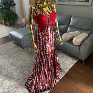 One Shoulder Red Silver Sequin Dress - Long Evening Gown Size 6